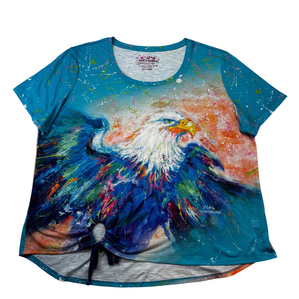 Leoma Lovegrove T-Shirt Lot Women XXL Pink Blue Flamingo Eagle Art Tie Front - Picture 3 of 13